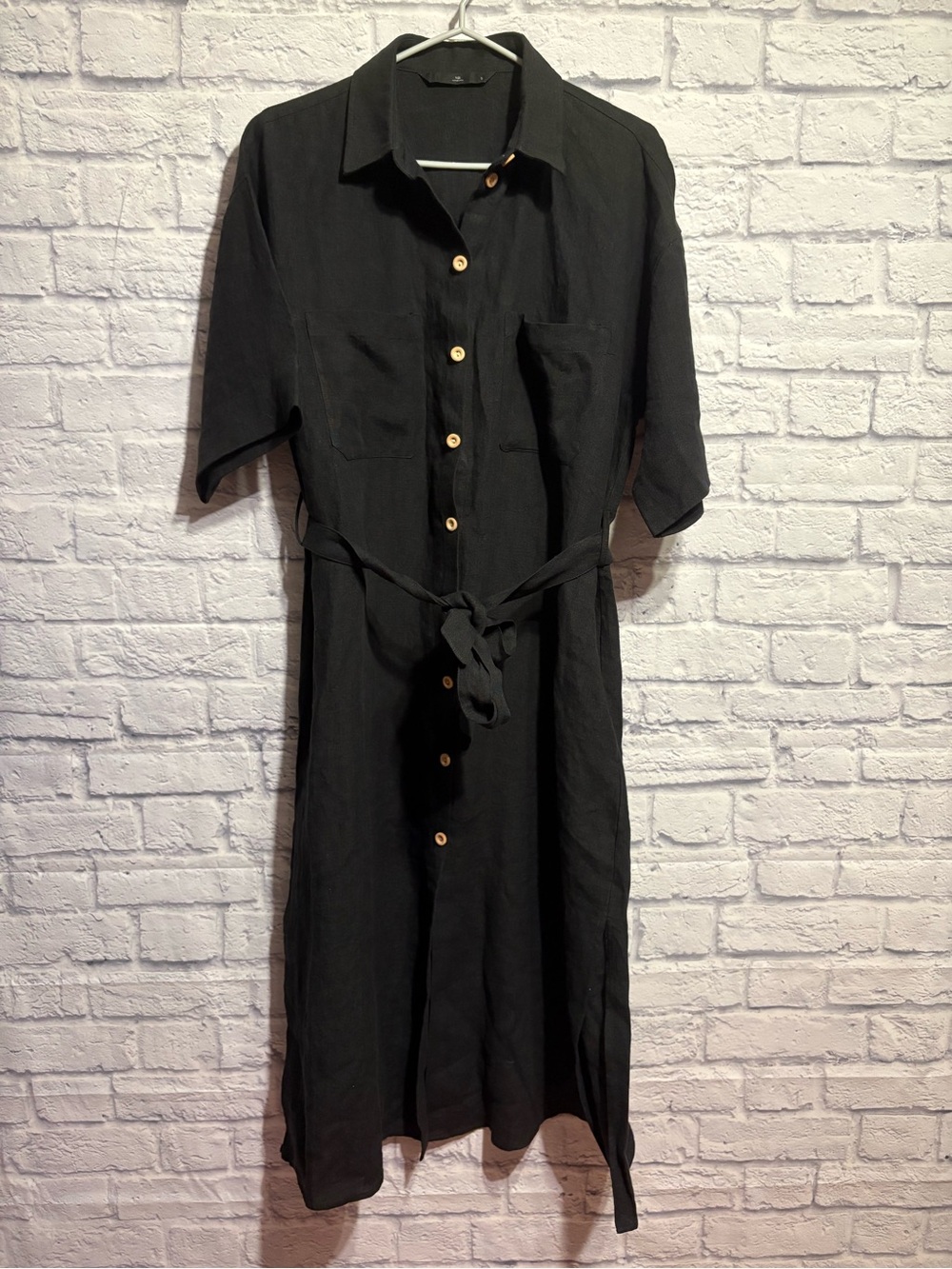 WithBlack Brand Linen Short-Sleeve Shirt Dress with Waist Tie Small